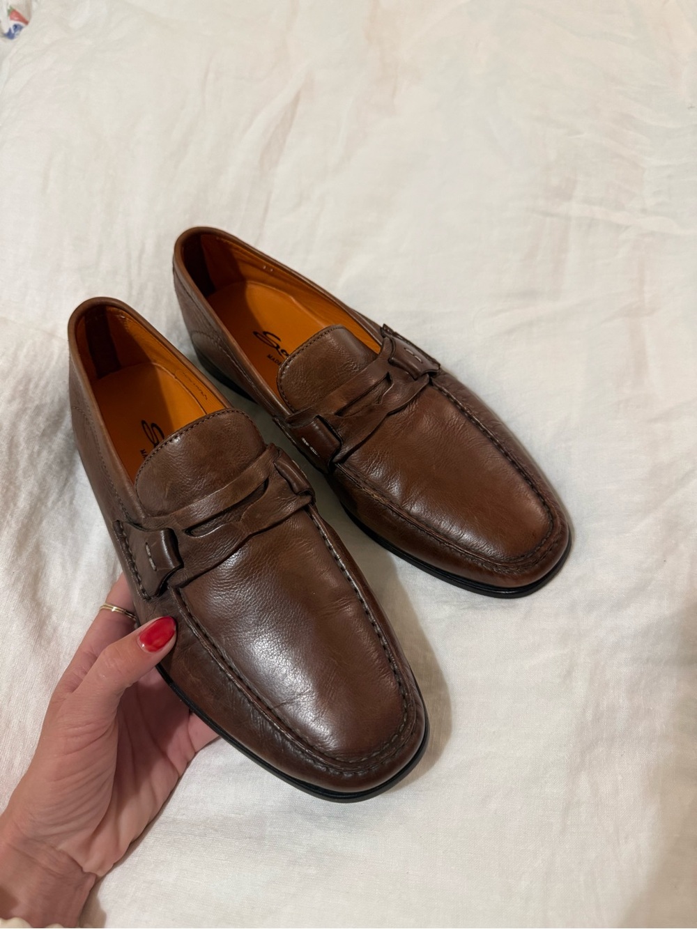 Santoni Brown Leather Penny Loafers for Men